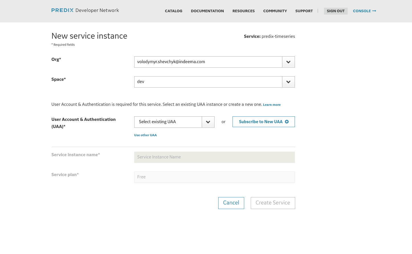 New service instance Predix