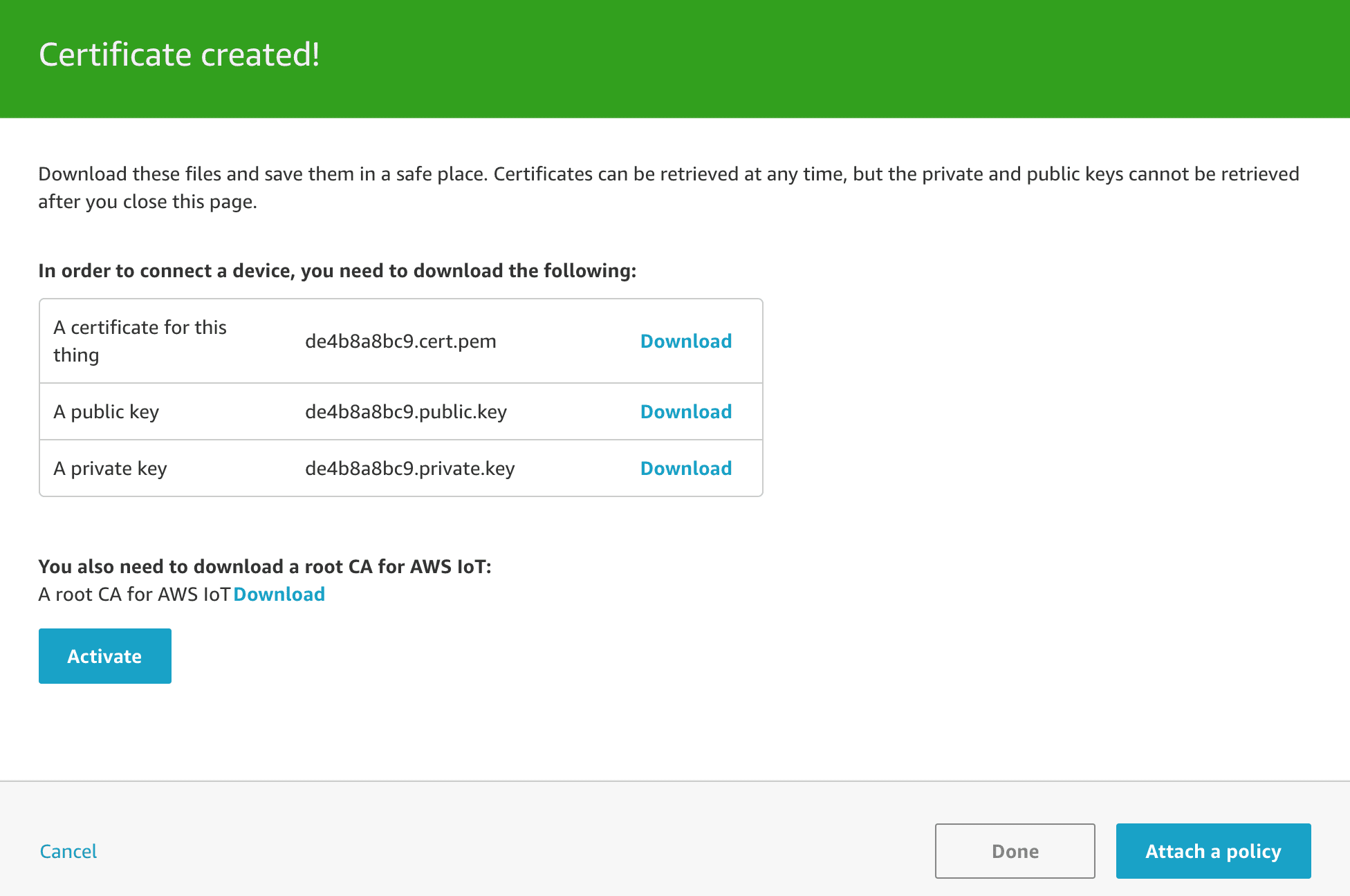 Certificate created in AWS IoT core