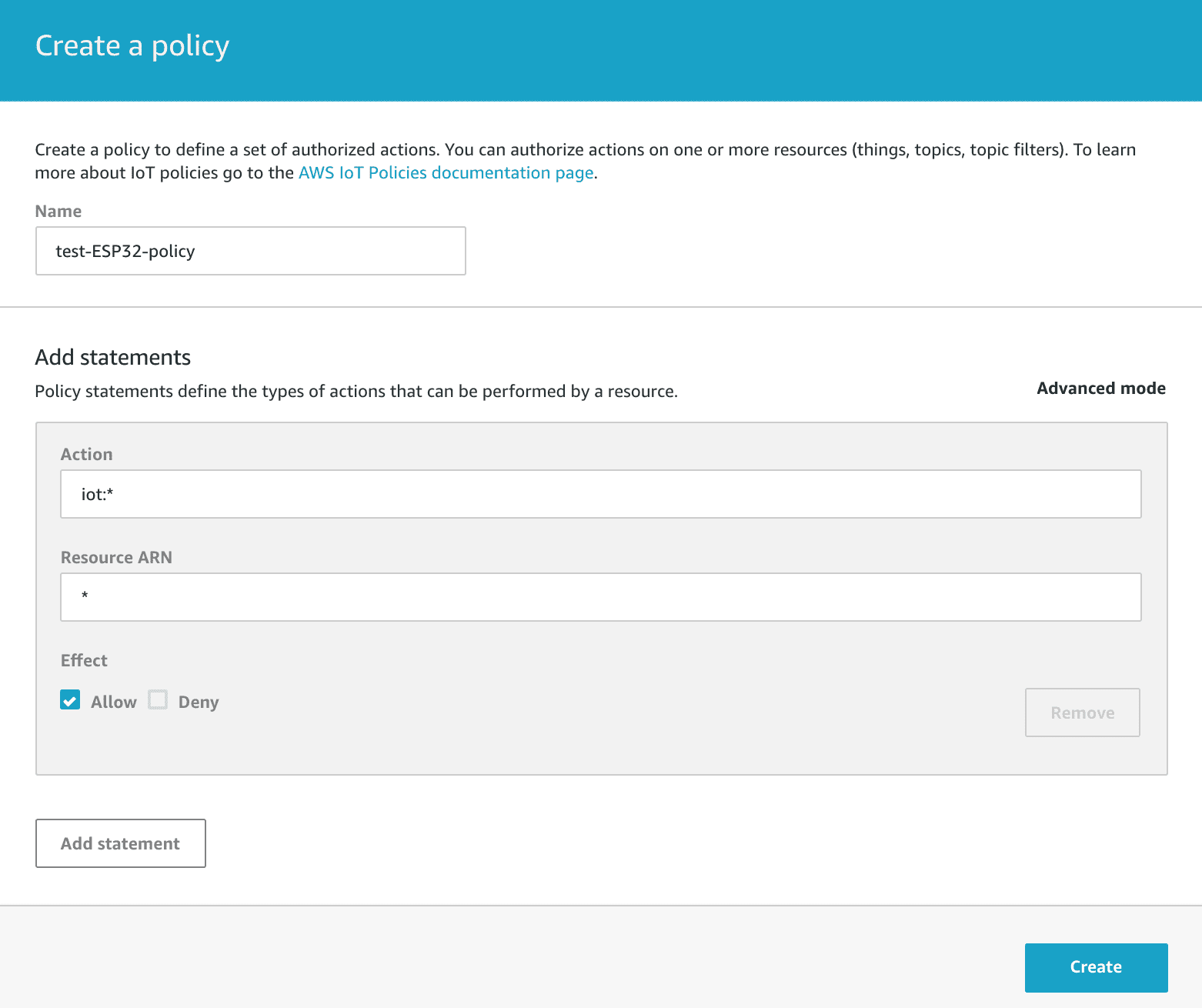 Create a policy in AWS IoT