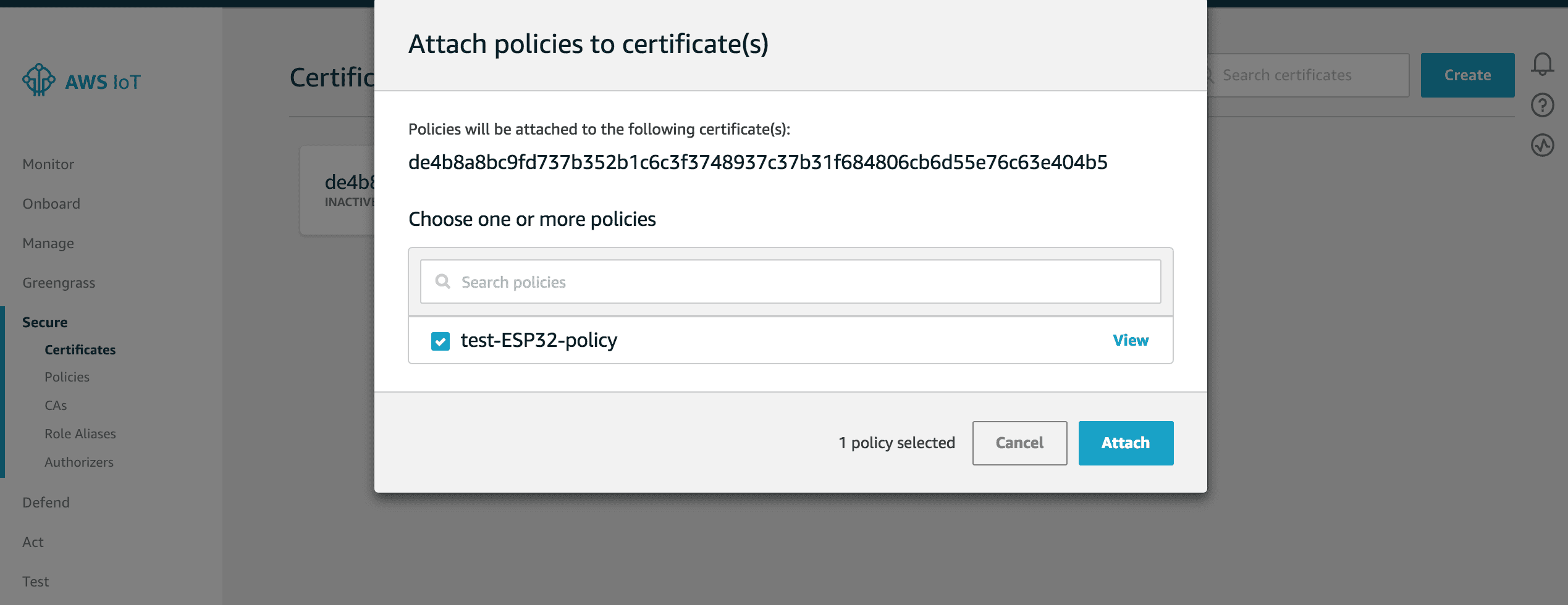 Attach policies to certificates in AWS IoT