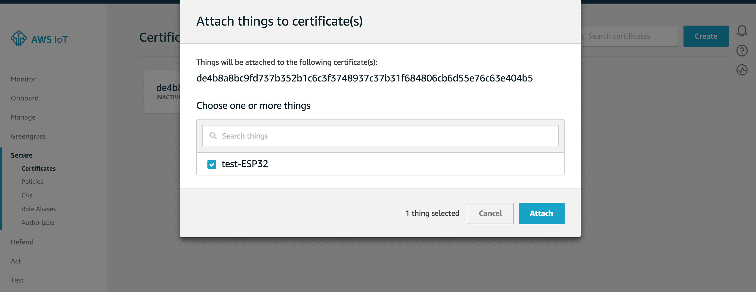 Attach policies to certificates in AWS IoT